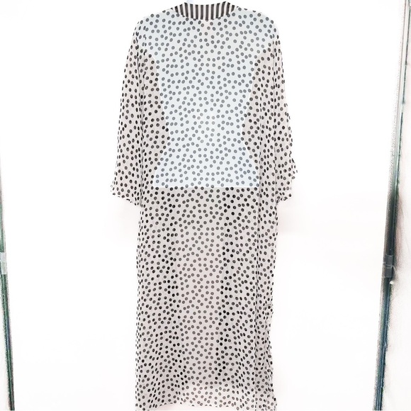 Stripe Polka Dot Print Sheer Long Open Kimono Blouse Top Duster Large XL - Picture 5 of 8